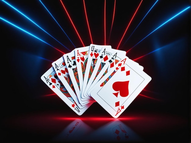 Современные футуристические игровые карточные символы казино с светящимися красными и синими неоновыми огнями на темном кирпичном W