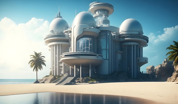 Modern futuristic castle in the beach background Generative AI