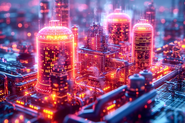 Modern futuristic city Skyscrapers buildings with digital hologram glowing lights