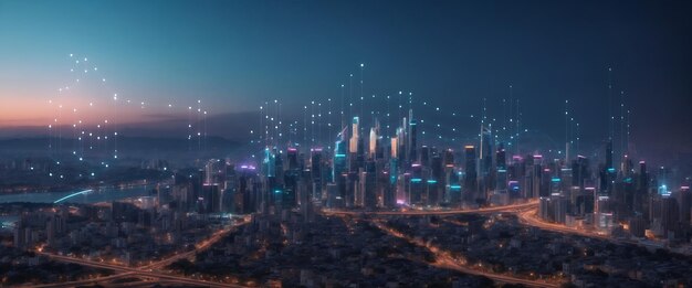 Modern Futuristic city Skyscrapers buildings with digital hologram glowing lights