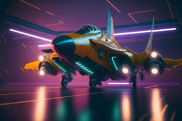 Modern futuristic destroyer jet in neon glowing light neural network generated art