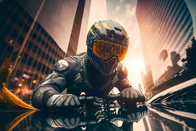 Foto moderna e futuristica bici sportiva veloce con motociclista nel centro della città arte generata dalla rete neurale