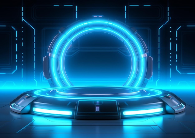 Modern futuristic hologram portal empty podium with neon light background