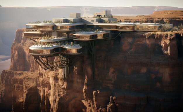 Photo modern futuristic house landscape on hill canyons and desert generative ai