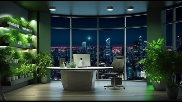 Modern futuristic interior office design with green wall plant and beautiful night scene cityscape