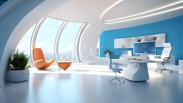 Modern futuristic interior office design with warm tones of green Futuristic conference room