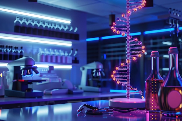 A modern futuristic laboratory with vibrant lighting and a glowing DNA strand model