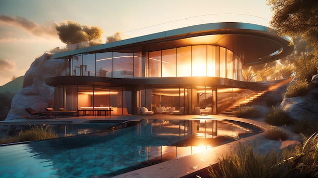 A modern futuristic luxury villa at sunrise with swimming pool