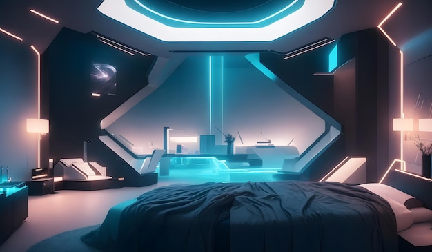 Foto moderna architettura sci-fi futuristica camera da letto con alta tecnologia generativa ai