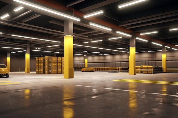Modern futuristic underground parking corridor warehouse with lighting an empty stage a room