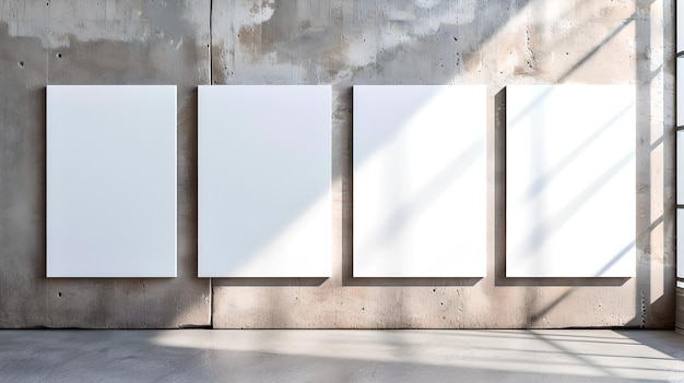 Foto interni di galleria moderni con tele bianche sulla parete spazio illuminato dal sole per l'esposizione di opere d'arte e mostre in stile minimalista ai