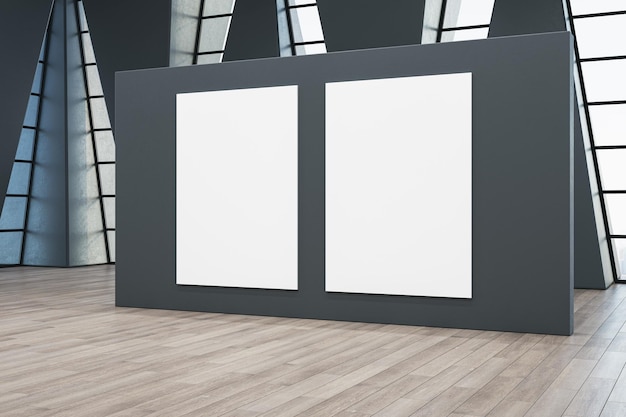 Modern gallery interior with empty white mock up banners abstract windows city view and wooden flooring with reflections 3D Rendering