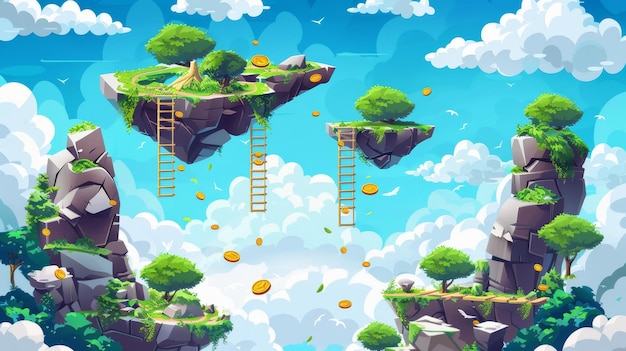 Foto uno sfondo di gioco moderno paesaggio celeste con isole rocciose volanti un videogioco arcade di cartoni animati mondo asset design con piattaforma galleggiante oro goin scale nuvole bianche