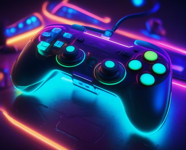 Modern gamepad with neon symbol lights in the background