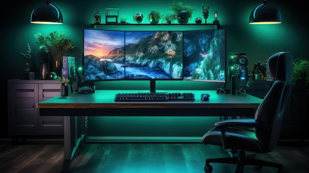 Photo modern gaming room with gaming chair and pc