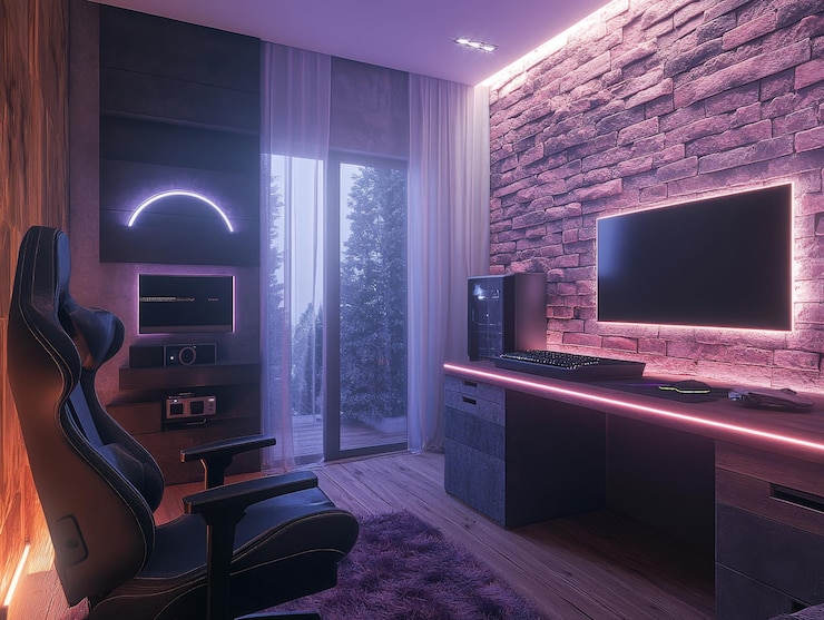 Photo modern gaming room with purple lighting