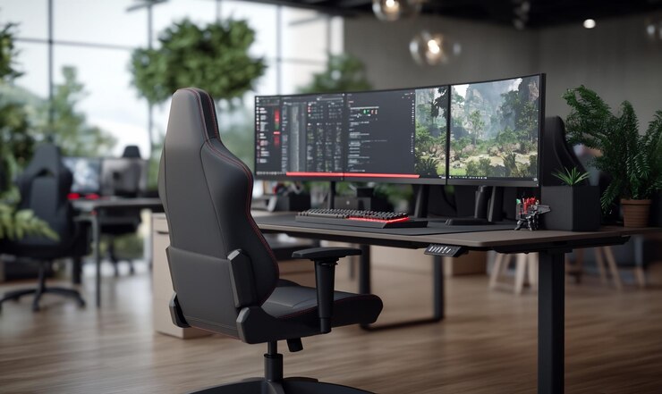 Photo a modern gaming setup with two large monitors a gaming chair and a keyboard and mouse on a desk