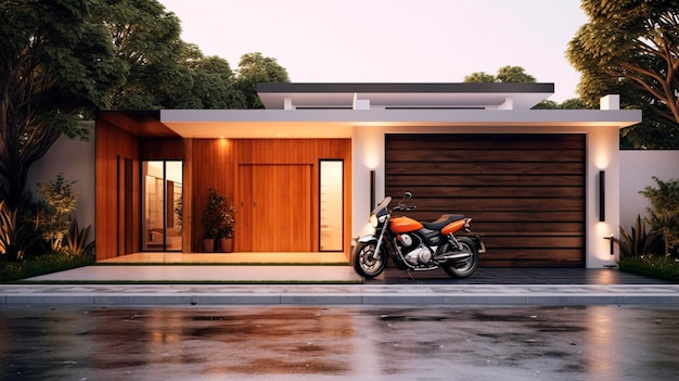 Современные гаражные двери с автостоянкой Мотоцикл припаркован на подъезде Мотоцикл перед домом Генеративный ИИ