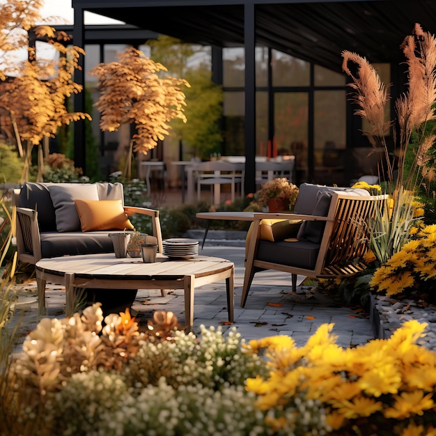 A modern garden with beautiful autumn flowers and autumn decorations