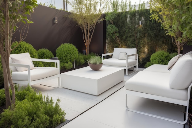 Photo modern garden with sleek white furniture greenery and pops of color