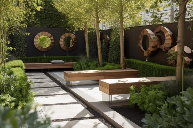 Photo modern garden with sleek wooden benches and metal accents created with generative ai