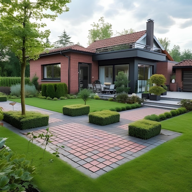 A modern garden with a square lawn in the middle