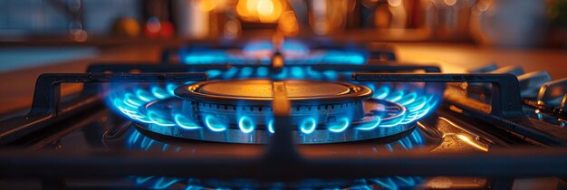 Photo modern gas stove burners with blue flames in a home kitchen