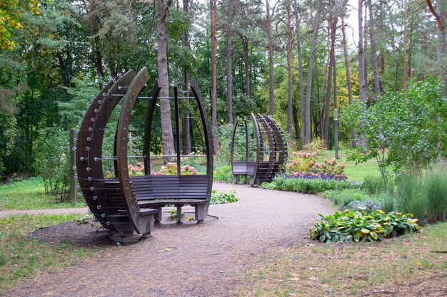 Modern gazebo outside. Interesting bench for rest. Park in forest