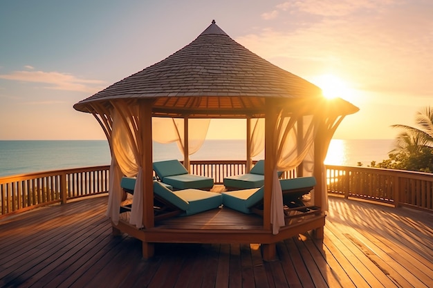 朝の日差しの中でビーチ海の自然の背景を持つリゾートのモダンなガゼボ