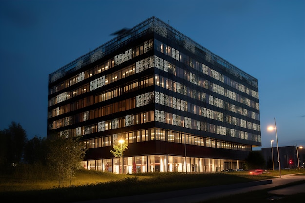 Modern gebouw conceptontwerp met nachtverlichting