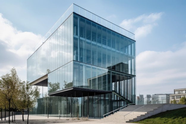 Modern gebouw gemaakt van glas en staal met een minimalistische buitenkant