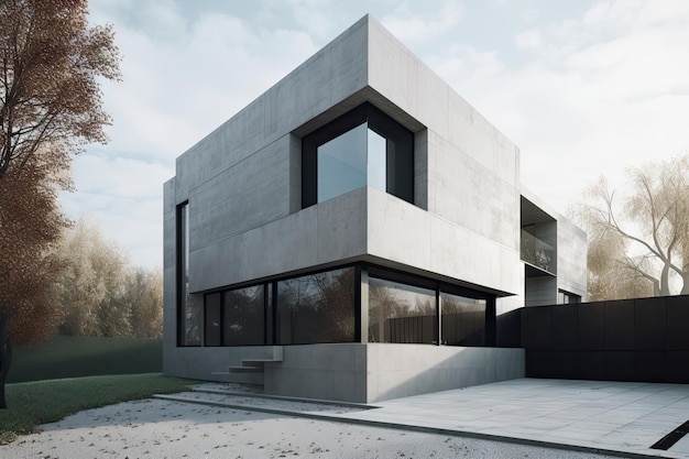 Modern gebouw met een strakke, minimalistische buitenkant die wordt gekenmerkt door strakke lijnen en gedurfde texturen