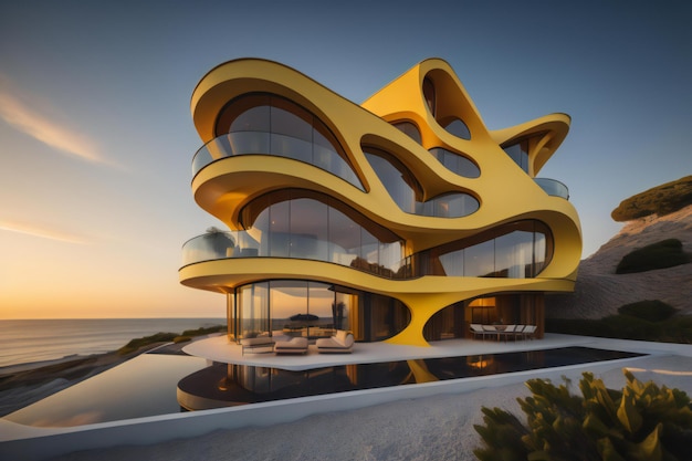 modern gebouw op het strand bij zonsondergang generatieve ai