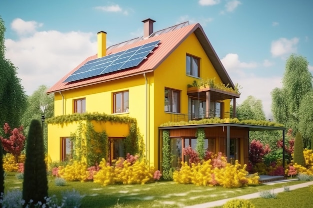 Modern geel huis met een tuin en zonnepanelen op het dak tegen de blauwe lucht AI gegenereerd
