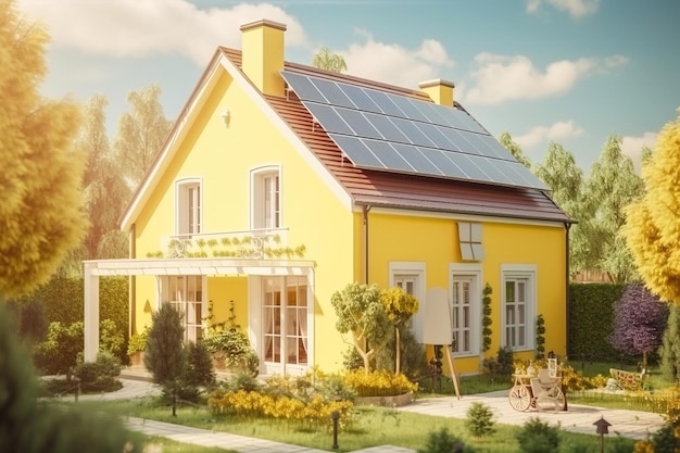 Modern geel huis met een tuin en zonnepanelen op het dak tegen de blauwe lucht AI gegenereerd