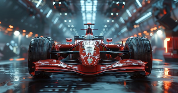 Modern generic sports racing red car standing in a dark garage on a pit lane