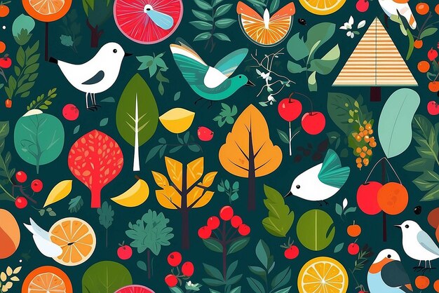 写真 modern geometric background abstract nature forest trees leaves flowers birds butterflies fruits and berries set of icons in flat minimalist style seamless pattern vector illustration