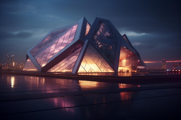 A modern geometric building illuminated by the sof 00375 03