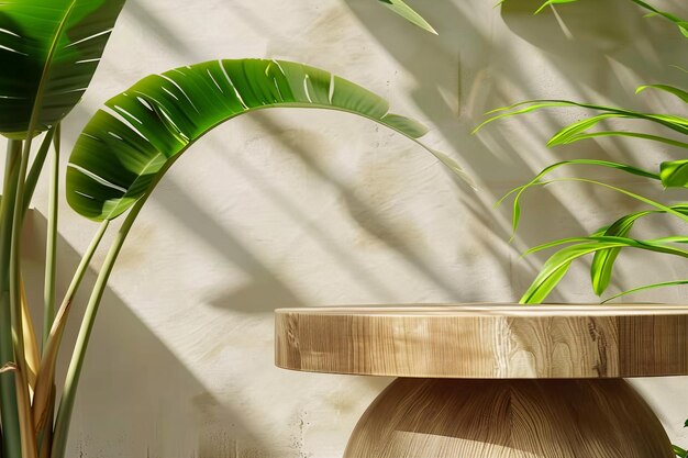 Modern geometric design oak wood grain wooden podium tropical banana tree in sunlight leaf shadow on blank beige wall for luxury organic cosmetic skin care generative ai