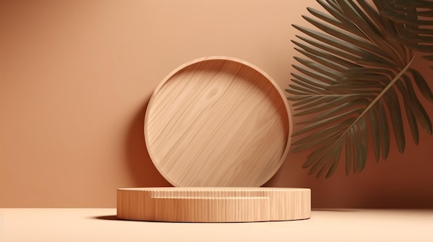 Modern geometric design oak wooden podium beautiful wood grain tropical palm tree Generative AI