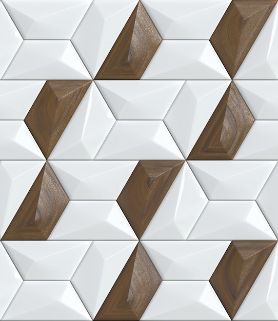 モダンな幾何学的な壁紙木製のクルミの装飾が施された白いタイルシームレスでリアルな質感