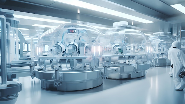 A modern German pharmaceutical production workshop robotic operation futuristic sense of technolog