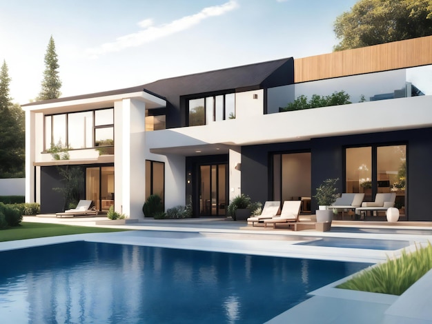 Modern, gezellig huis in luxe stijl met zwembad en parkeerplaats ai gegenereerd