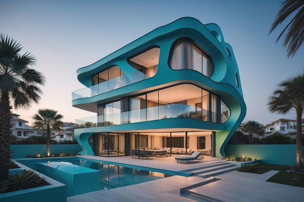 modern gezellig huis met zwembad en parkeerplaats luxe stijl en prachtige landschapsarchitectuur op de achtergrond ai generatief