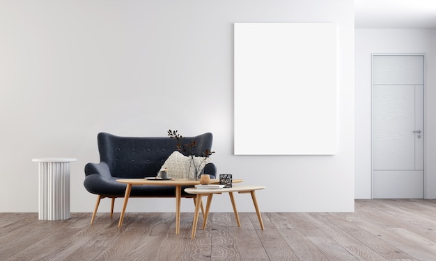 Modern gezellig interieur mock up design meubeldecor en leeg frame canvas van woonkamer en muur patroon achtergrond, 3D-rendering
