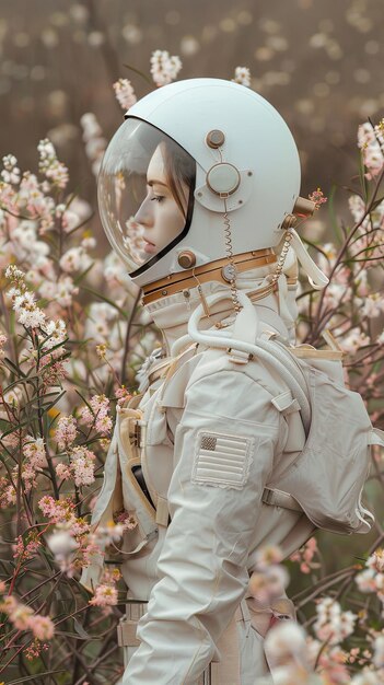 A modern girl in a spacesuit against the background of a flowering field