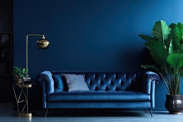 파란색 소파가 있는 현대적인 매력적인 거실