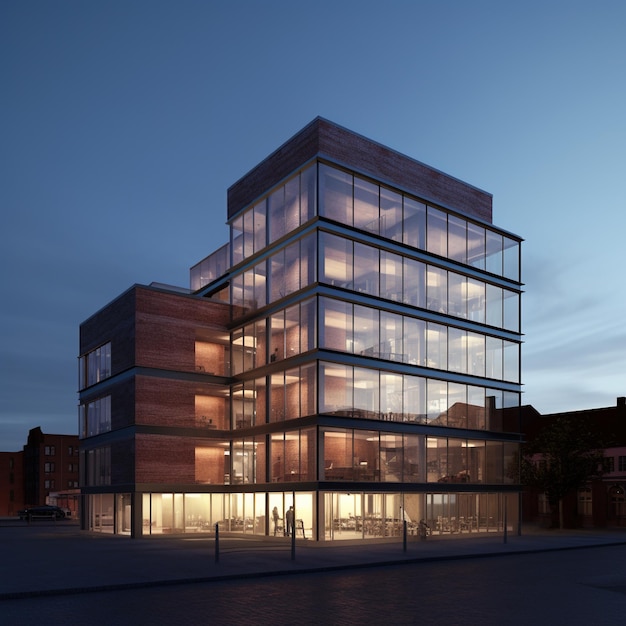 Modern glass and brick office building exterior with people inside