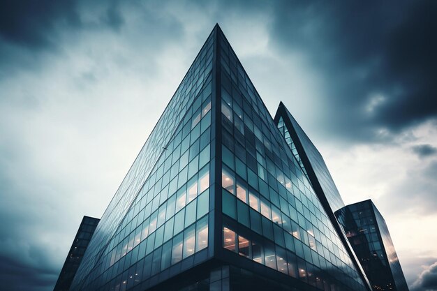 Modern glass building on a cloudy background