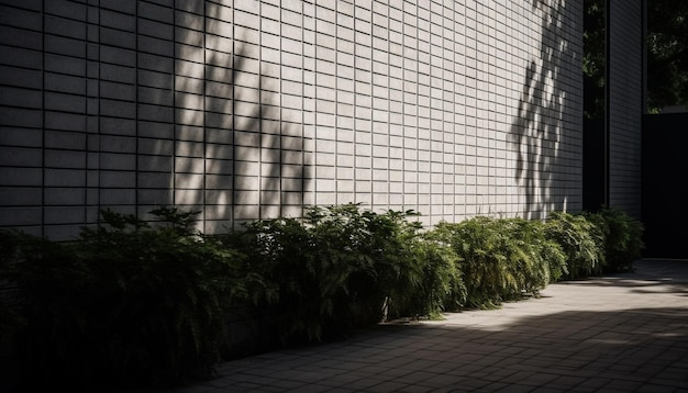 Modern glass building reflects nature growth in a futuristic cityscape generated by artificial intelligence